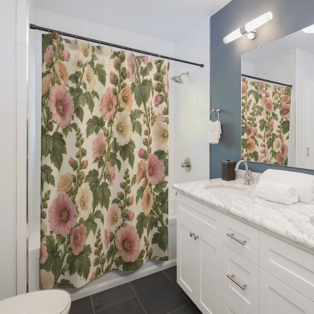 Pink and cream hollyhocks with olive leaves shower curtain beside a white vanity