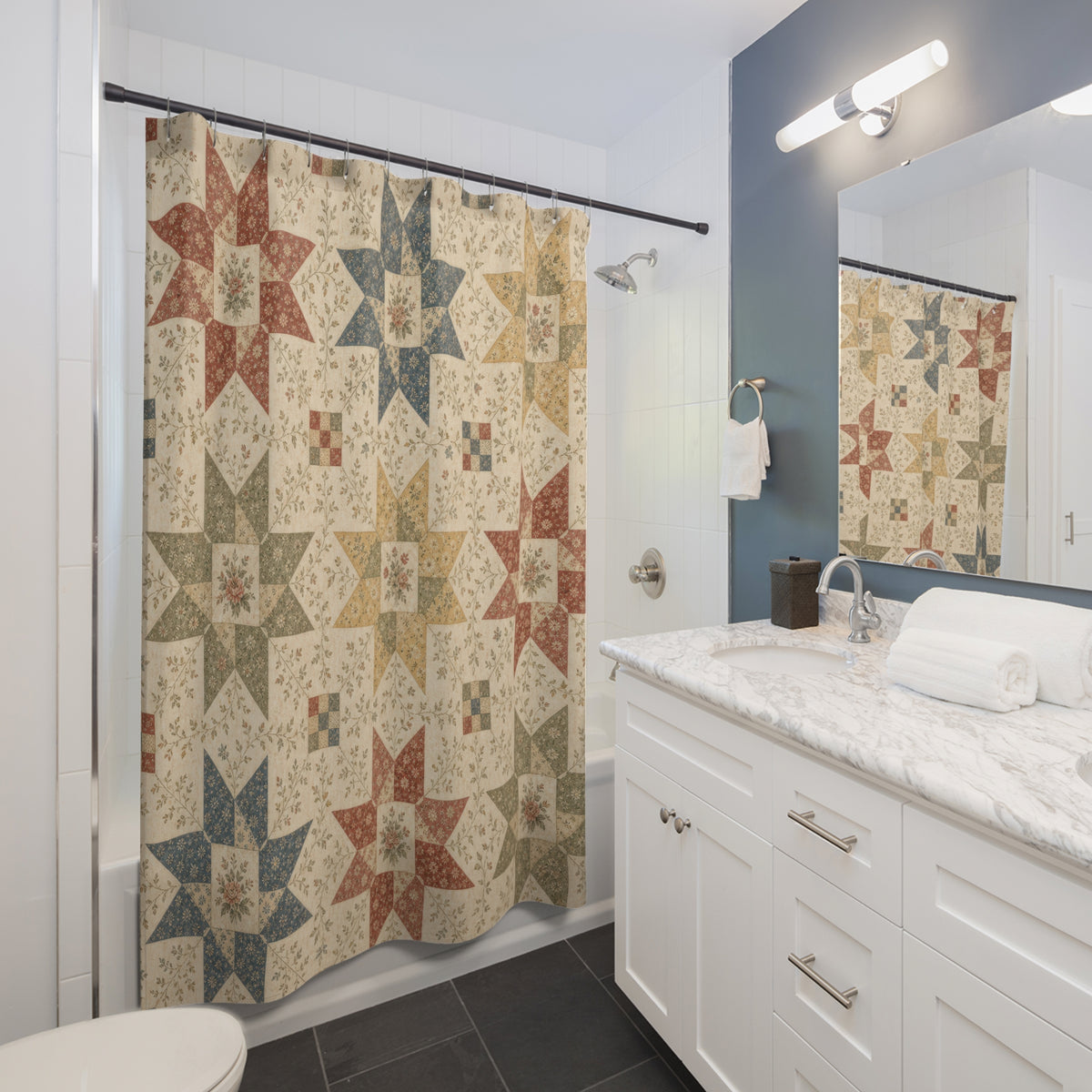 Vintage Quilt Star farmhouse calico shower curtain beside a white vanity