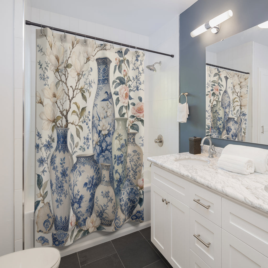 Blue White Porcelain Botanical Shower Curtain