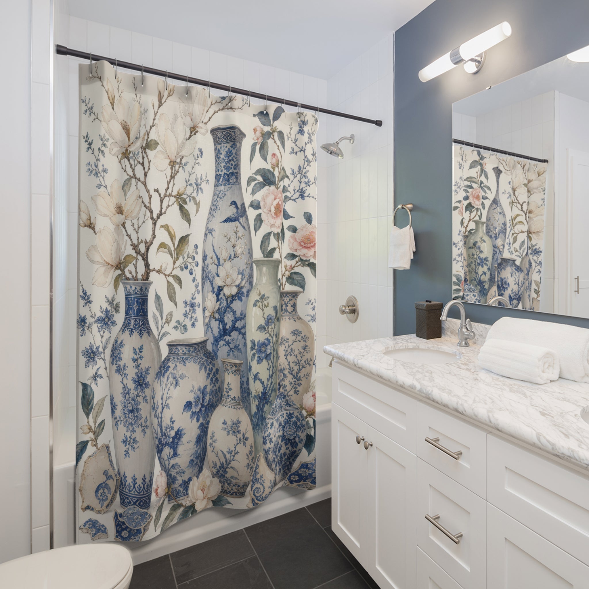 Blue White Porcelain Botanical Shower Curtain