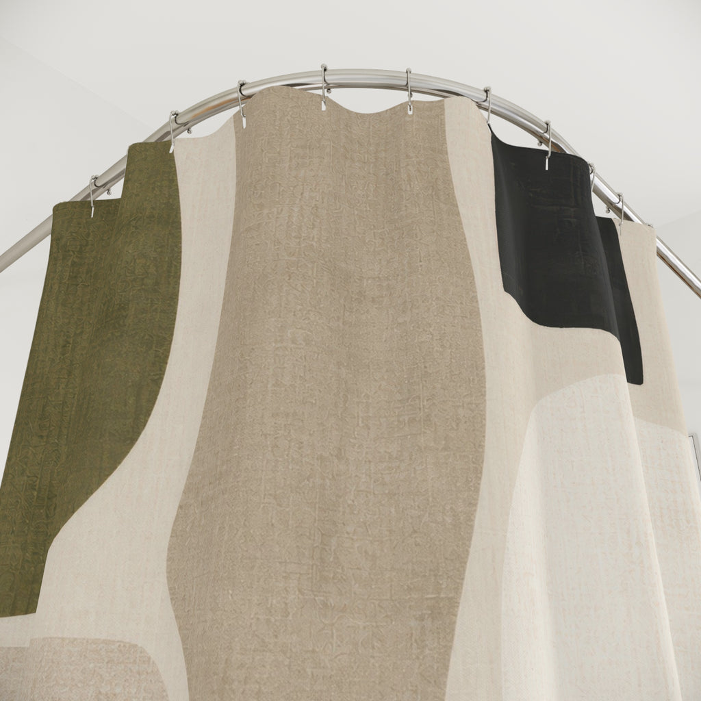 Abstract Shower Curtain, Olive Charcoal Beige Cutout Pattern, Green Black Bathroom Decor, Modern Neutral Guest Bath Style