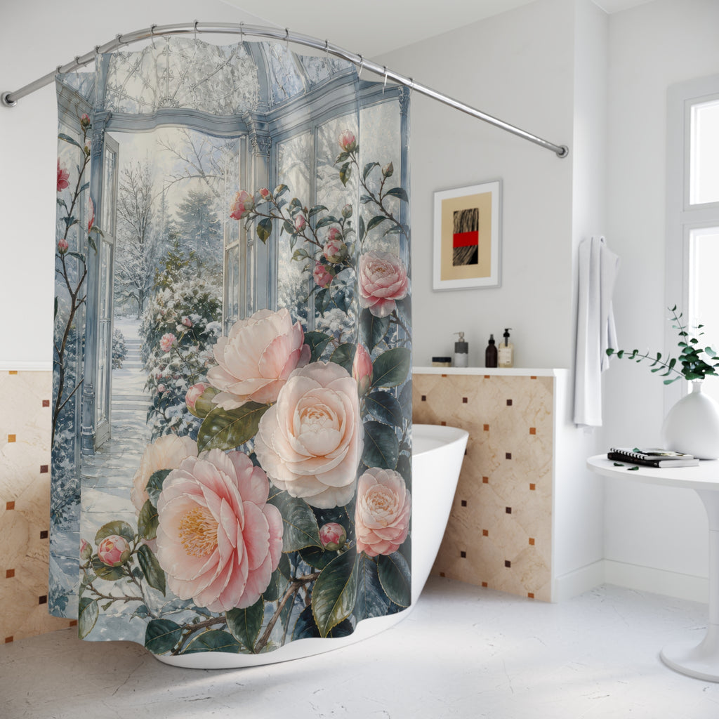 Blush winter camellias in a frosted glass conservatory shower curtain beside a freestanding tub