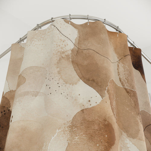 Abstract Watercolor Stone brown beige shower curtain with close-up print, hooks, and folds