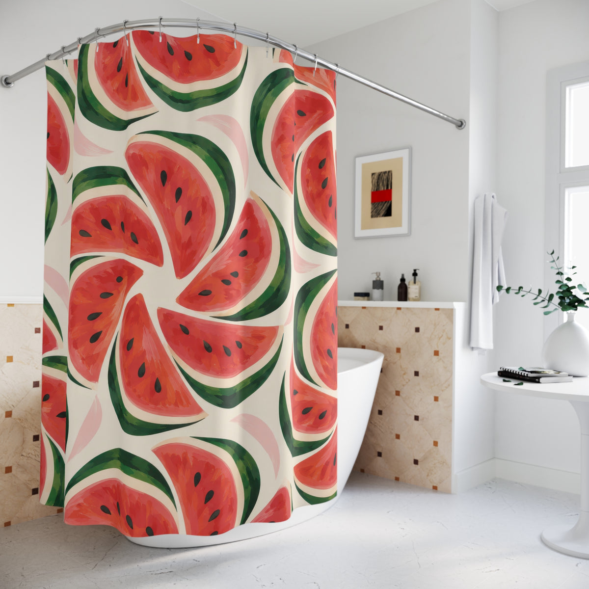 Coral-red watermelon pinwheels with green rinds on cream shower curtain beside a freestanding tub