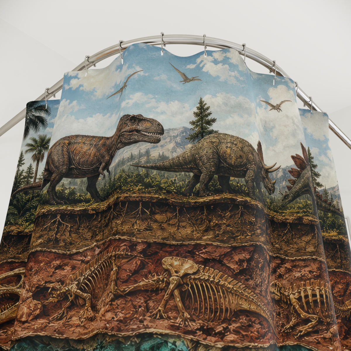 Close-up of Prehistoric dinosaurs across geological earth layers shower curtain with hooks and folds