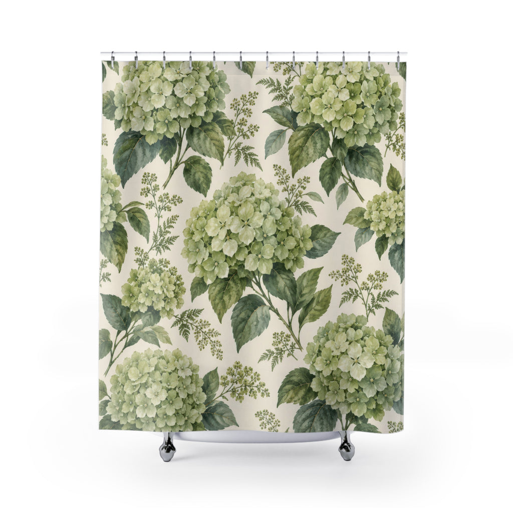 Sage-green hydrangea clusters and leaves on warm cream shower curtain with full front view