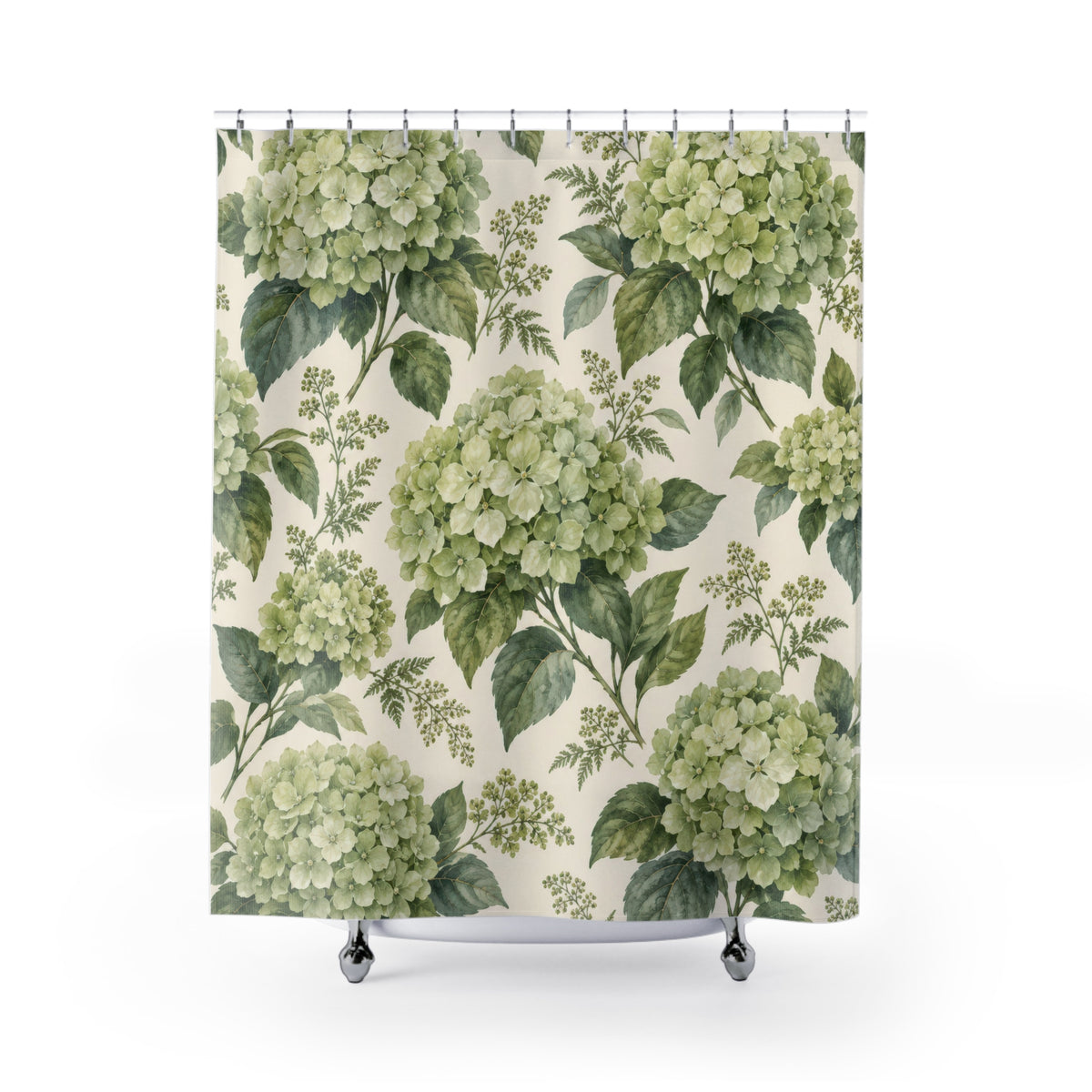 Sage-green hydrangea clusters and leaves on warm cream shower curtain with full front view
