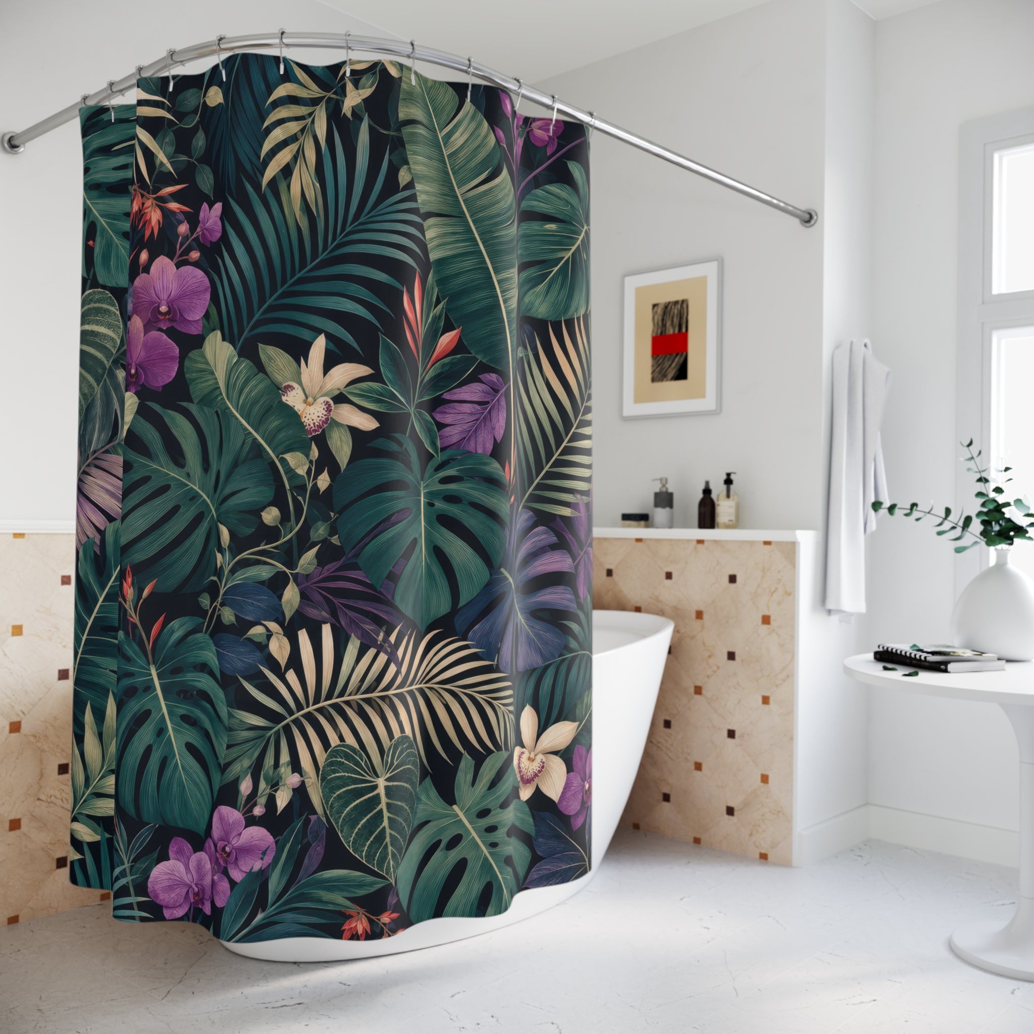 Unique Tropical Shower Curtain, Dark Green Monstera Leaf Pattern, Purple Floral Botanical Decor, Lush Guest Bath, Maximalist Style