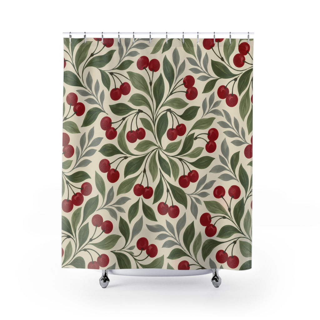 Red cherry pinwheels with sage and grey leaves on cream shower curtain with full front view