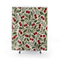 Red cherry pinwheels with sage and grey leaves on cream shower curtain with full front view
