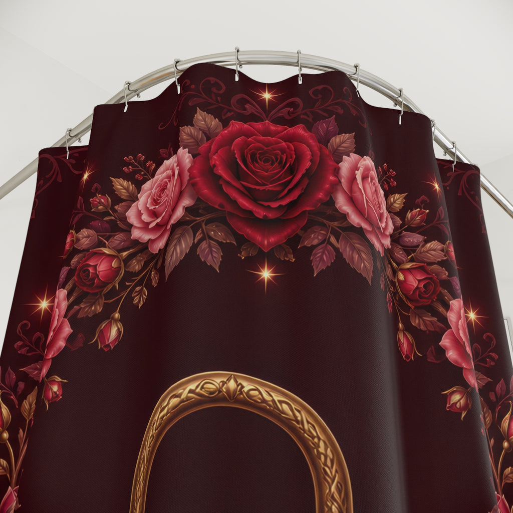 Ornate heart lock and golden key beneath rose arch shower curtain with close-up print, hooks, and folds