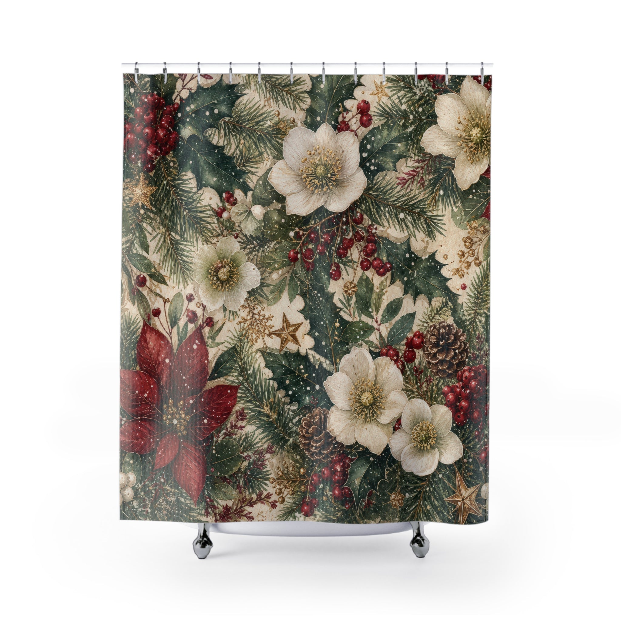 Christmas Shower Curtain: Winter Floral Botanical Pattern
