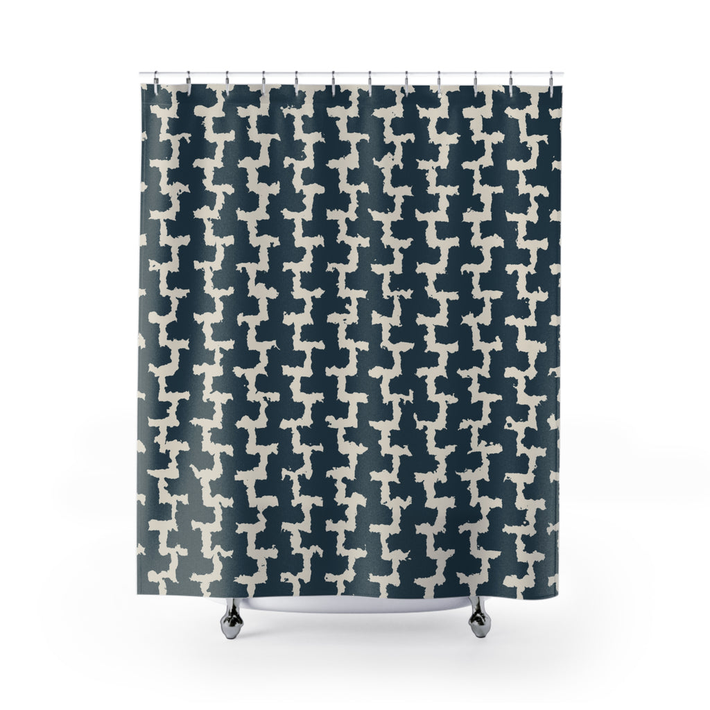 Greek Key Shower Curtain – Navy and Cream