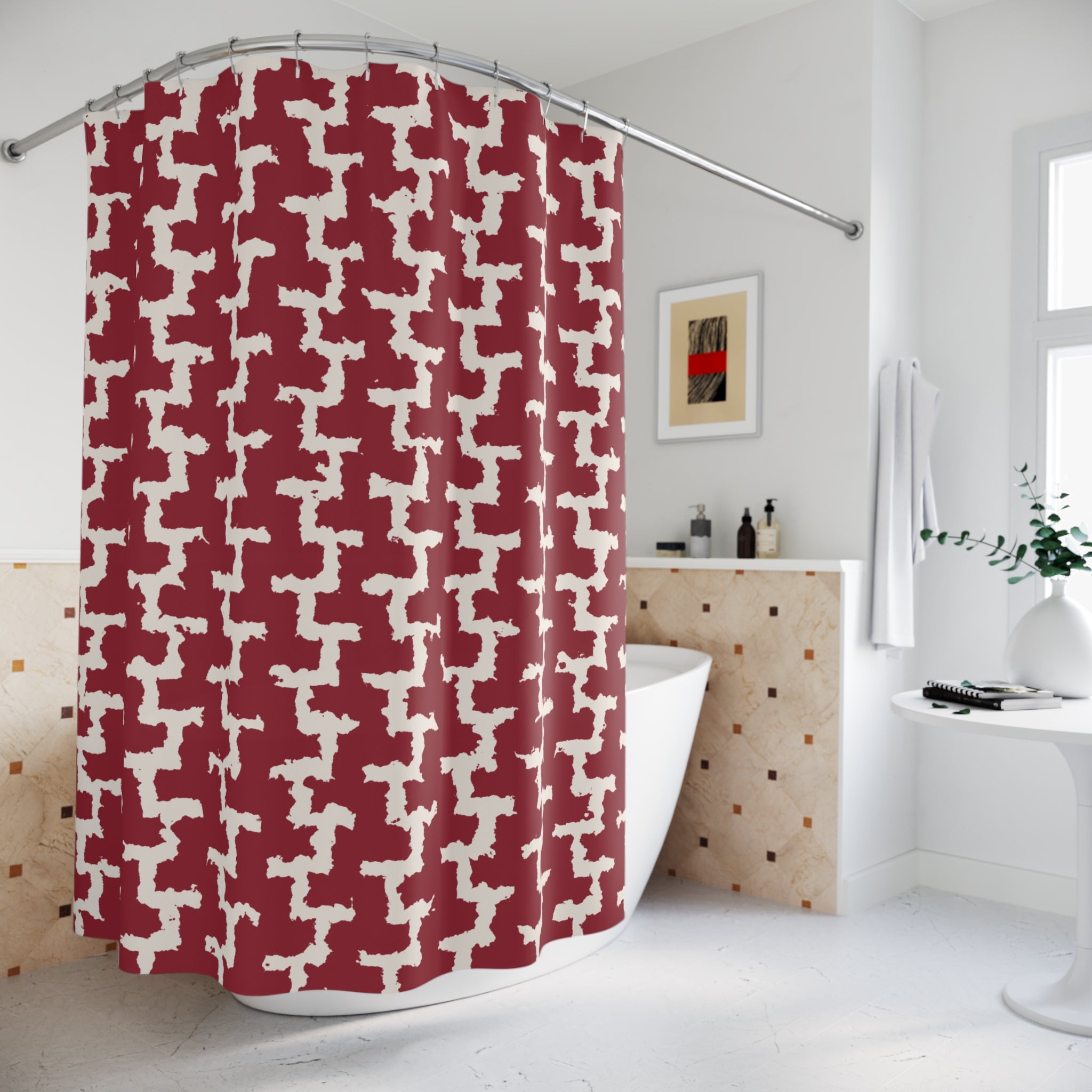 Red and White Greek Key Shower Curtain