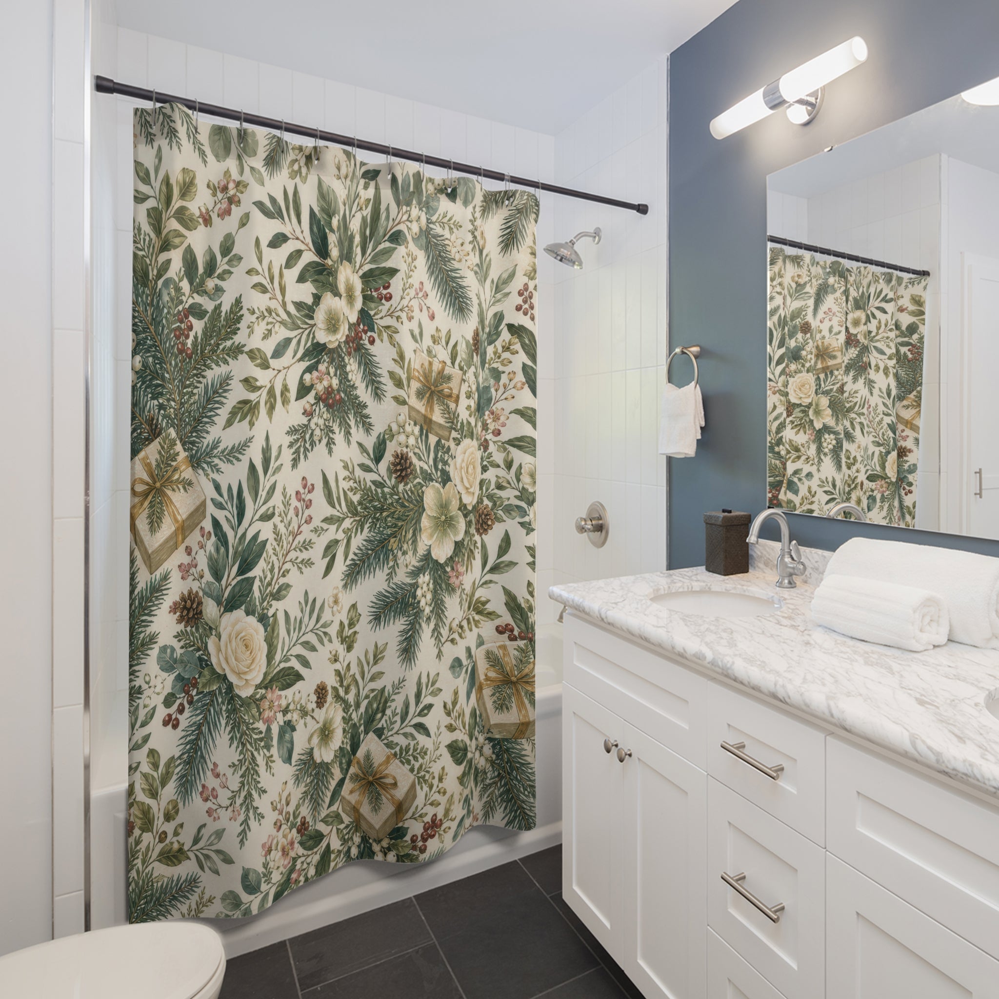 Christmas Gift Shower Curtain, Green Floral Bath Decor, White Rose Pine Present Pattern, Farmhouse Holiday Guest Bathroom Decor Style