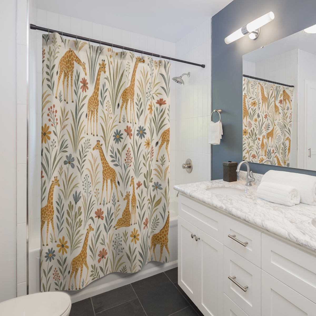 Botanical Safari Animal giraffe small shower curtain beside a white vanity