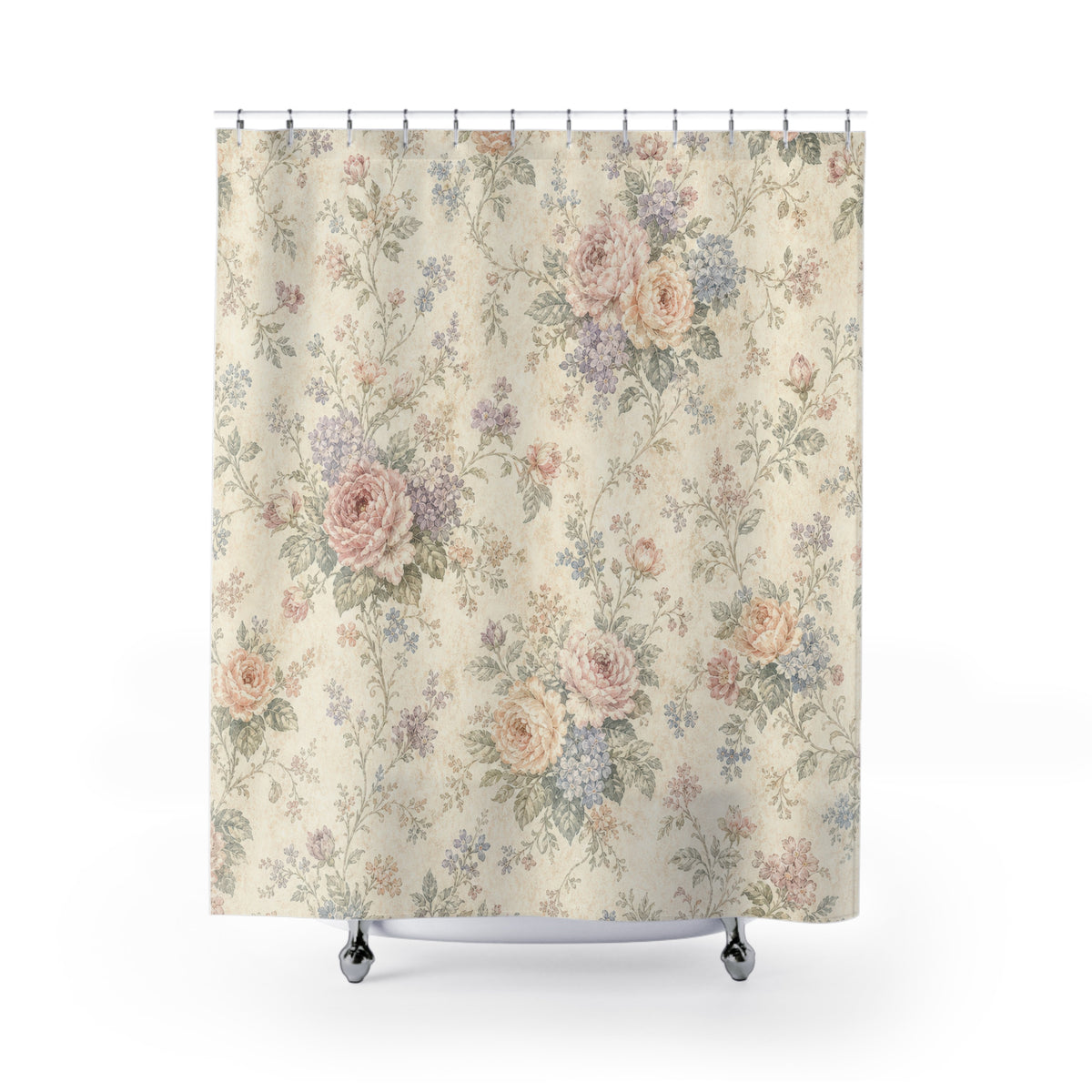 Pink Blue Floral Rose Vintage Botanical shower curtain with full front view