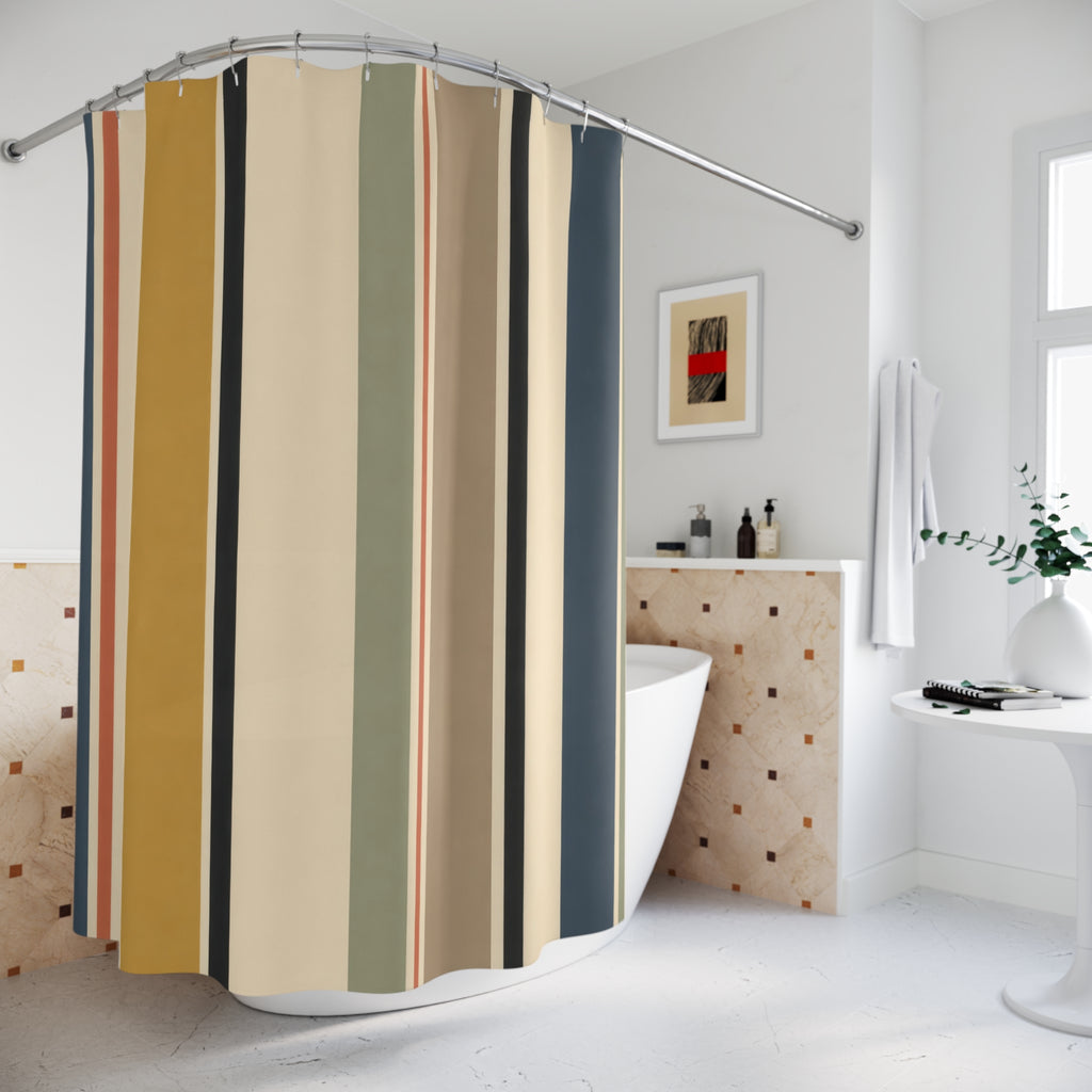 Blue Mustard Olive Vertical Stripe Shower Curtain