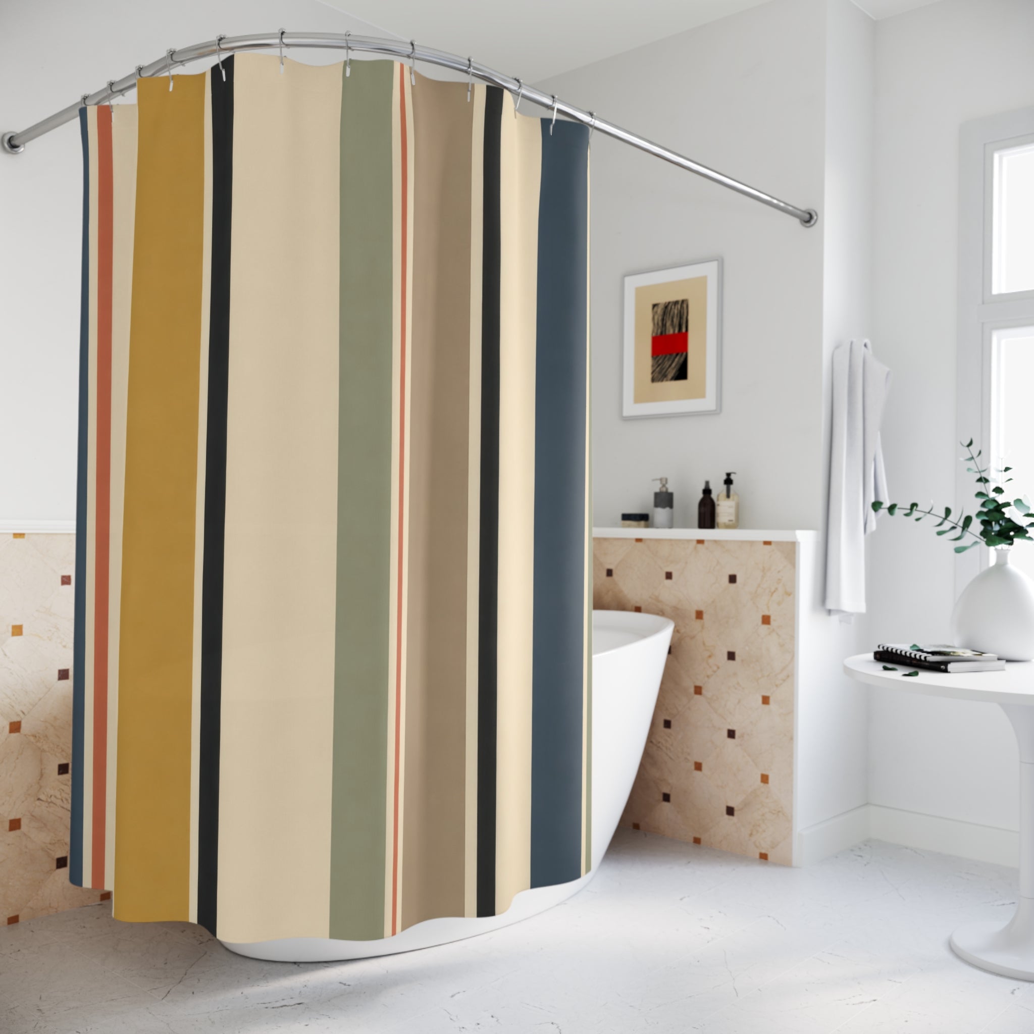 Blue Mustard Olive Vertical Stripe Shower Curtain