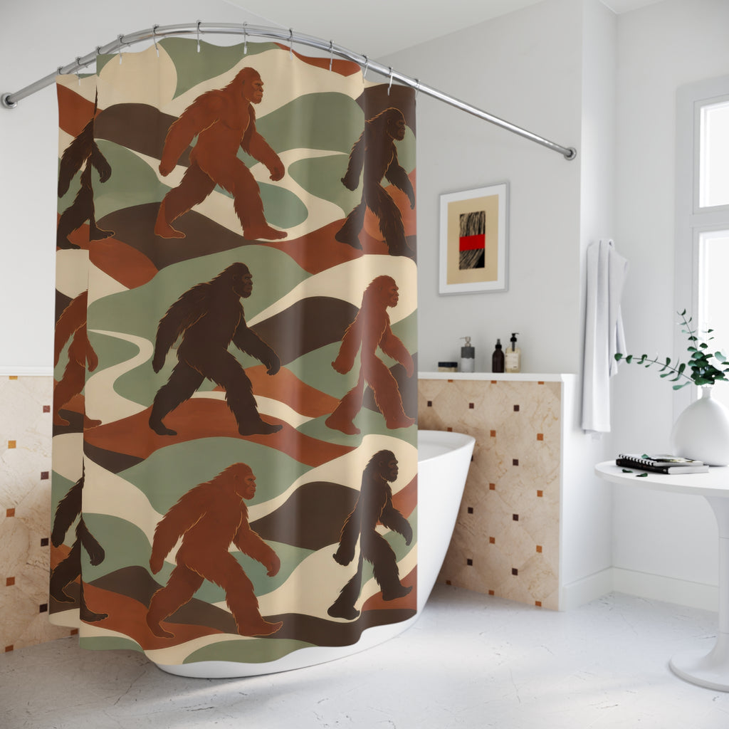 Brown and rust Bigfoot figures among sage and ivory ridges shower curtain beside a freestanding tub