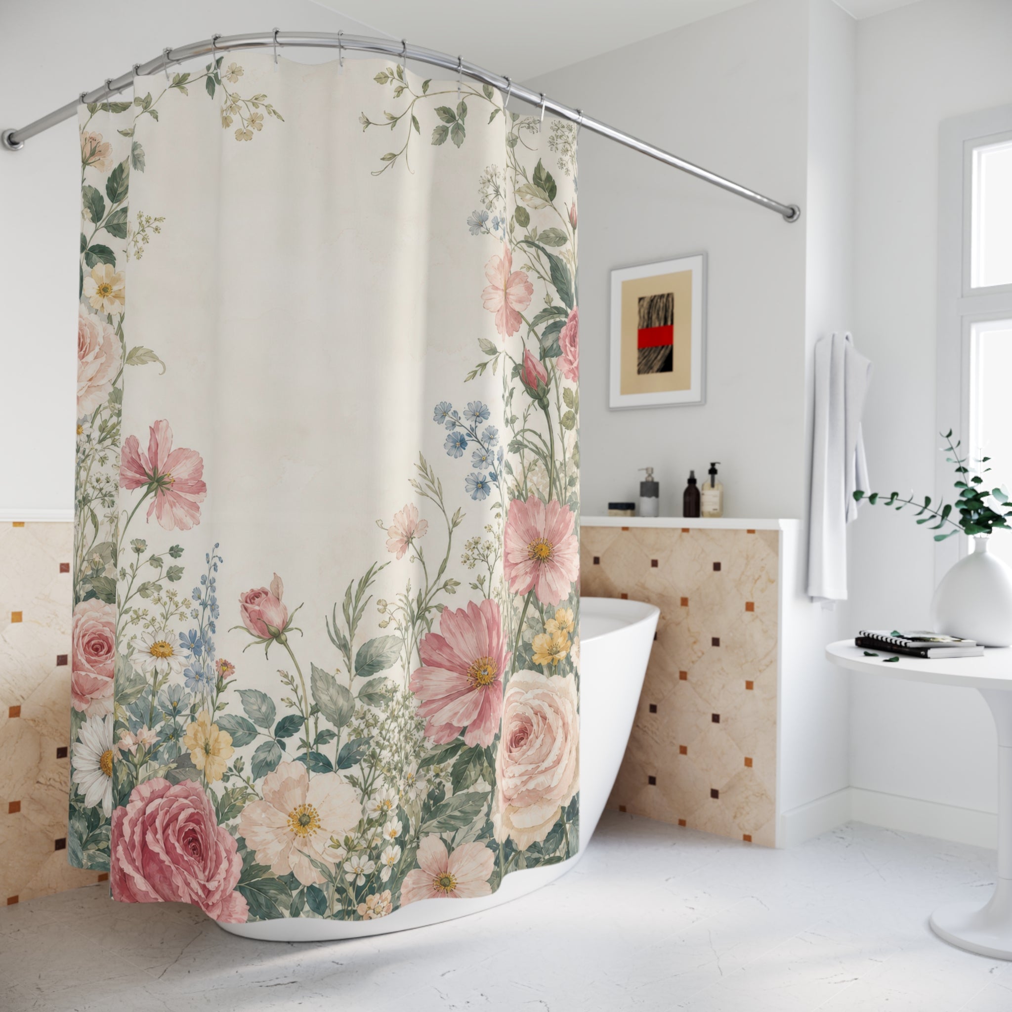 Pink Rose Garden Border Shower Curtain
