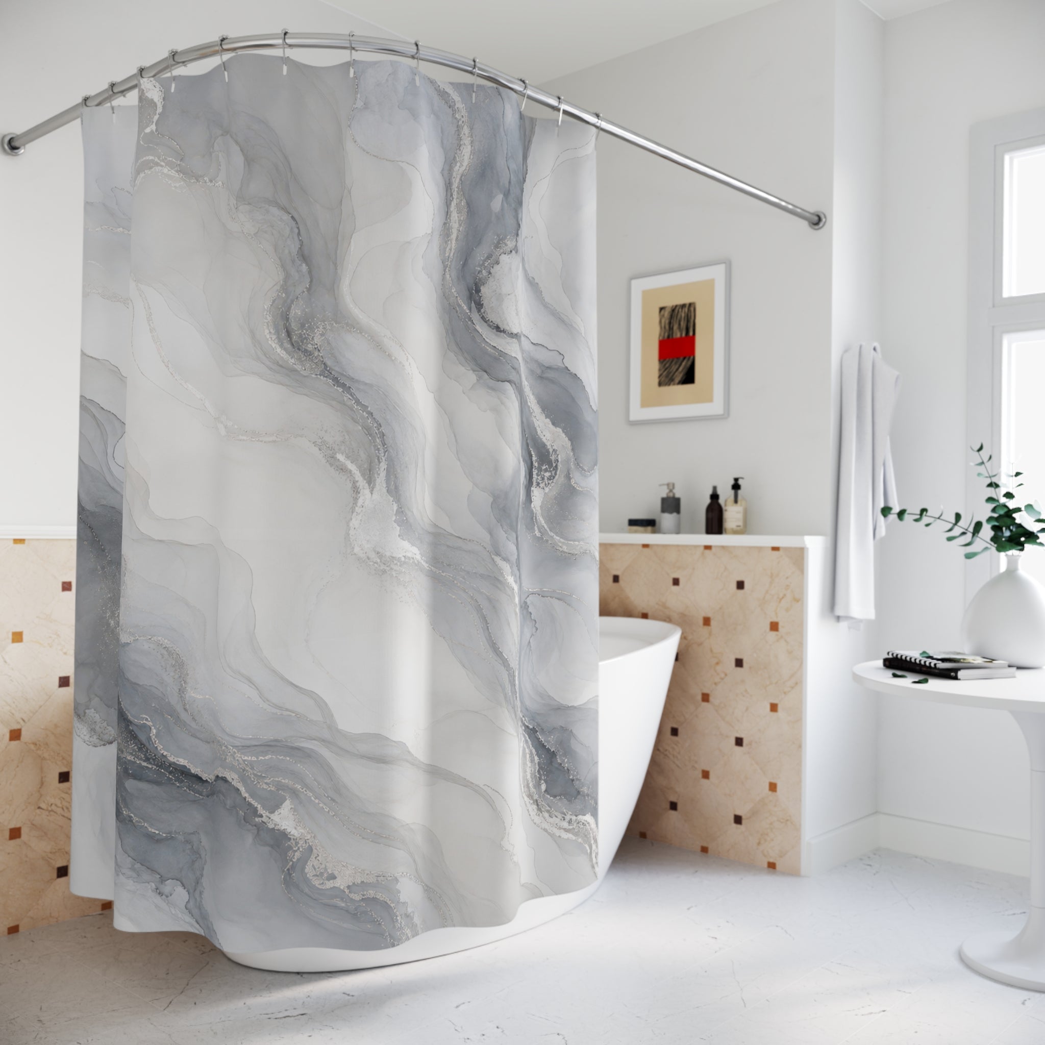Abstract Watercolor Gray Modern Black Charcoal Shower Curtain