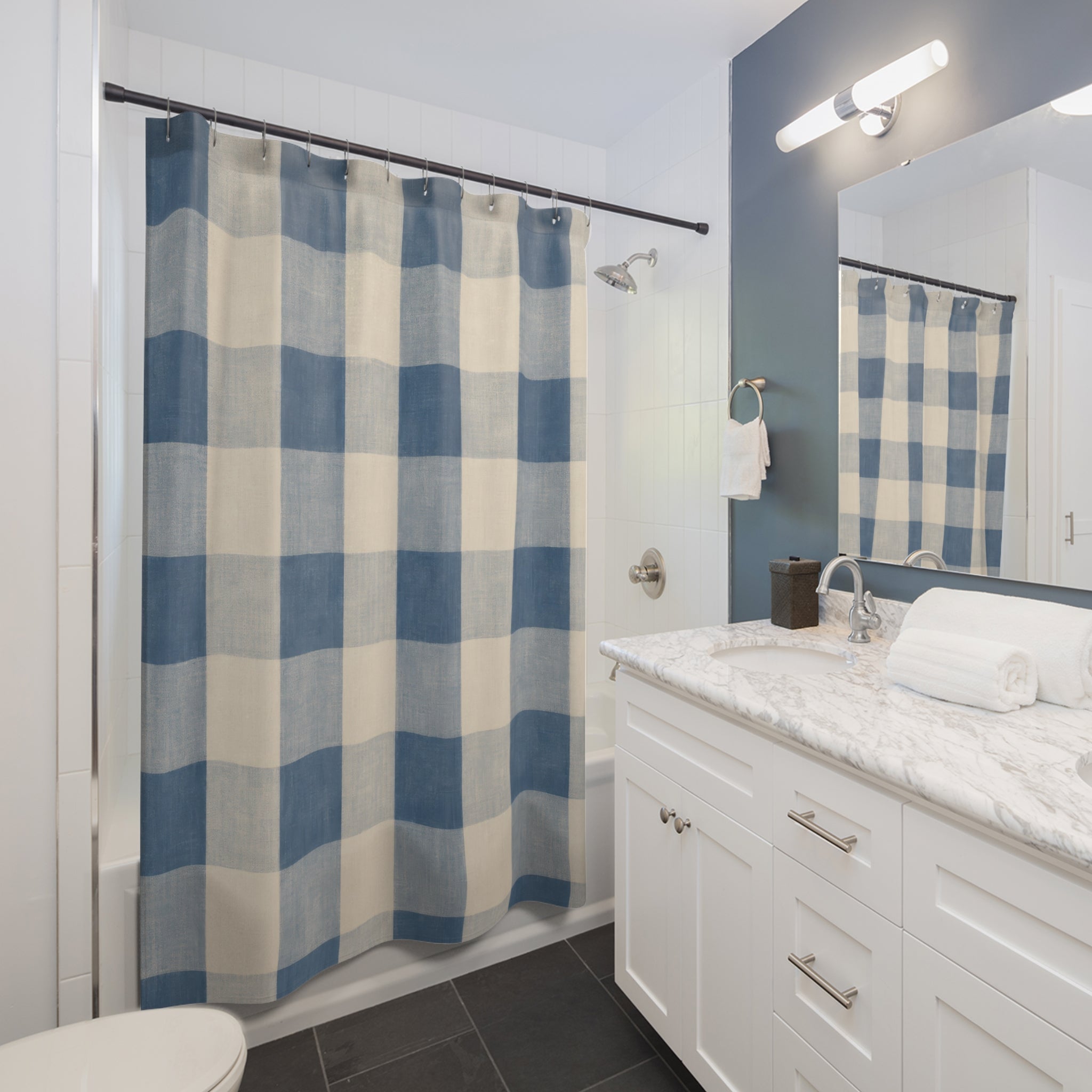 Soft Blue Ivory Plaid Buffalo Check Shower Curtain