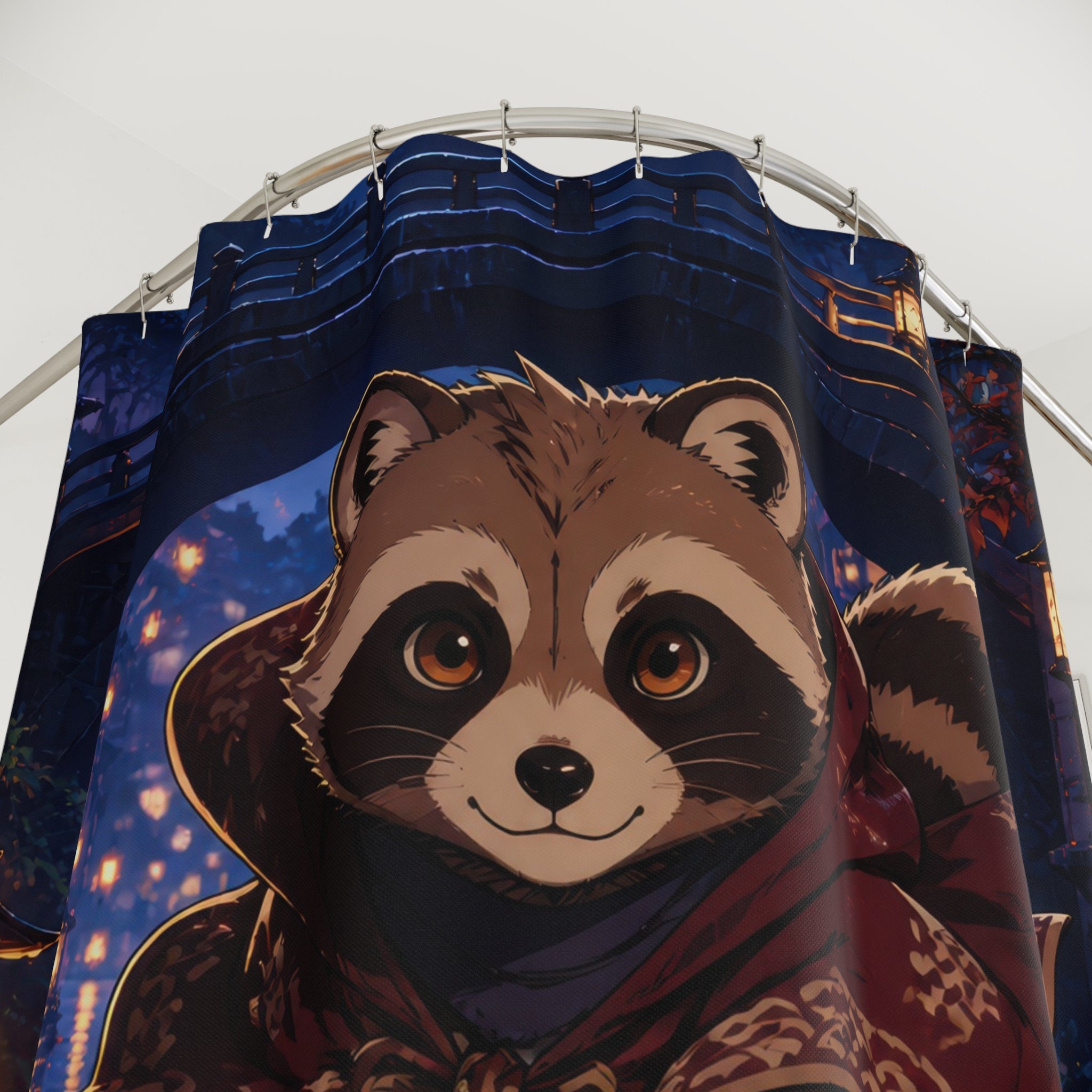 Tanuki lantern courier crossing an indigo canal at dusk shower curtain with close-up print, hooks, and folds