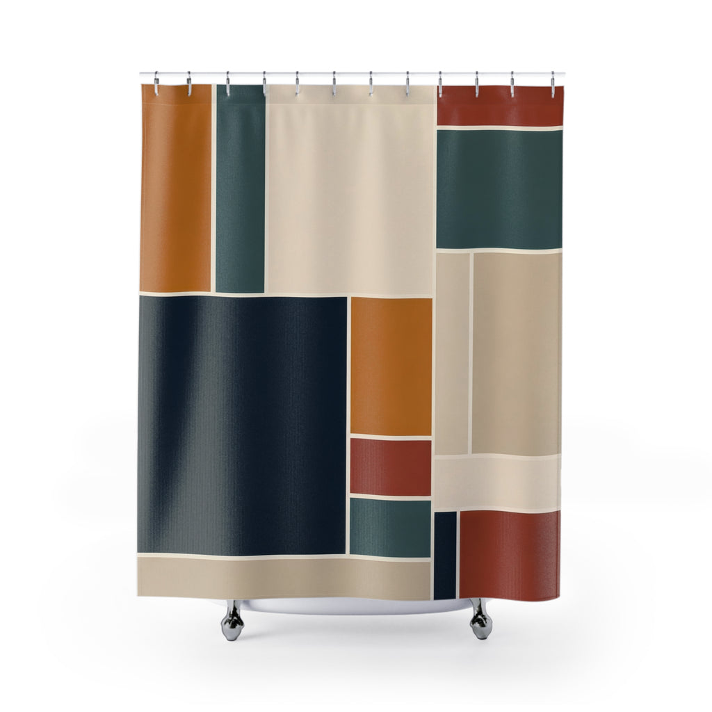 Navy ochre and teal geometric block grid shower curtain with full front view
