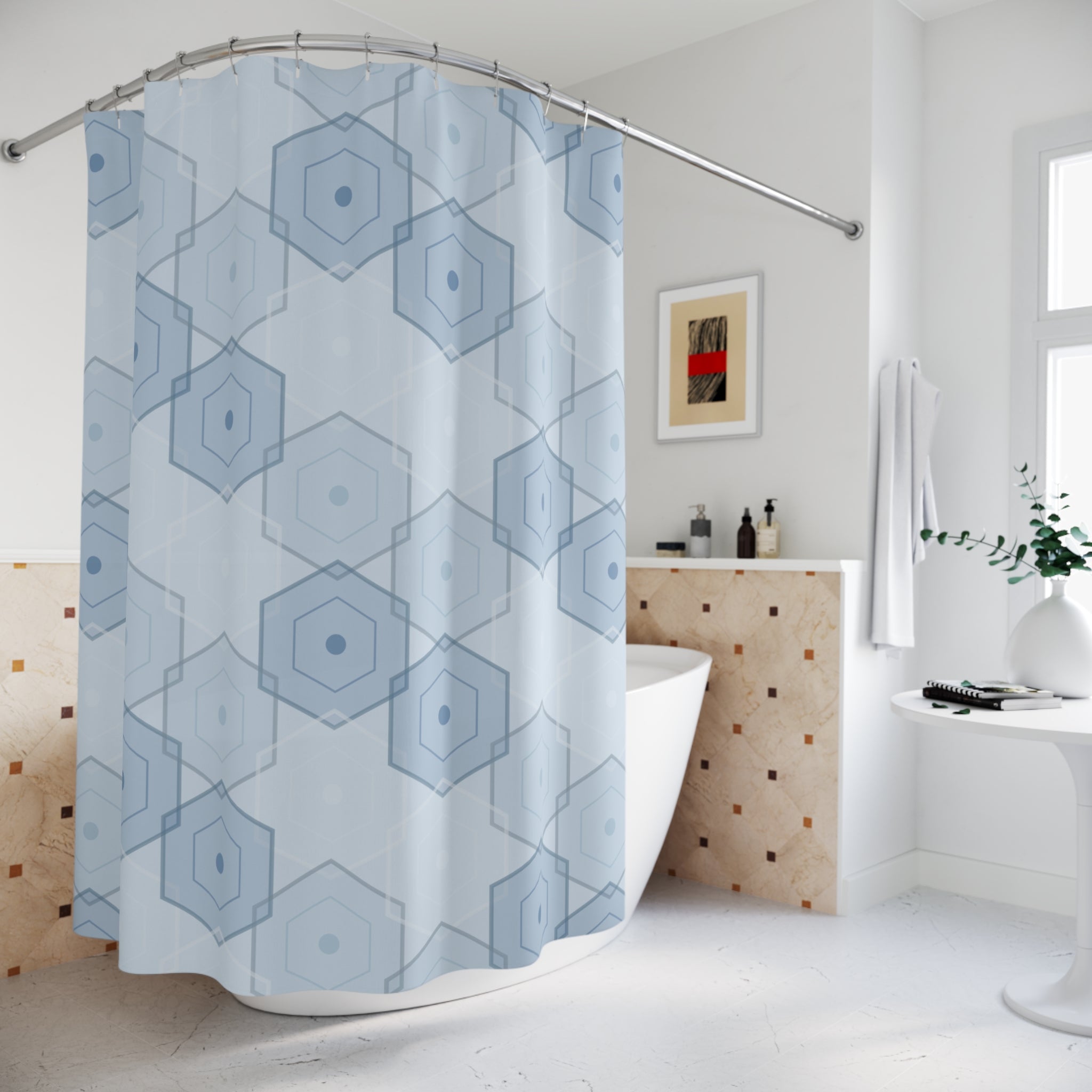 Blue and Grey Hexagon Shower Curtain