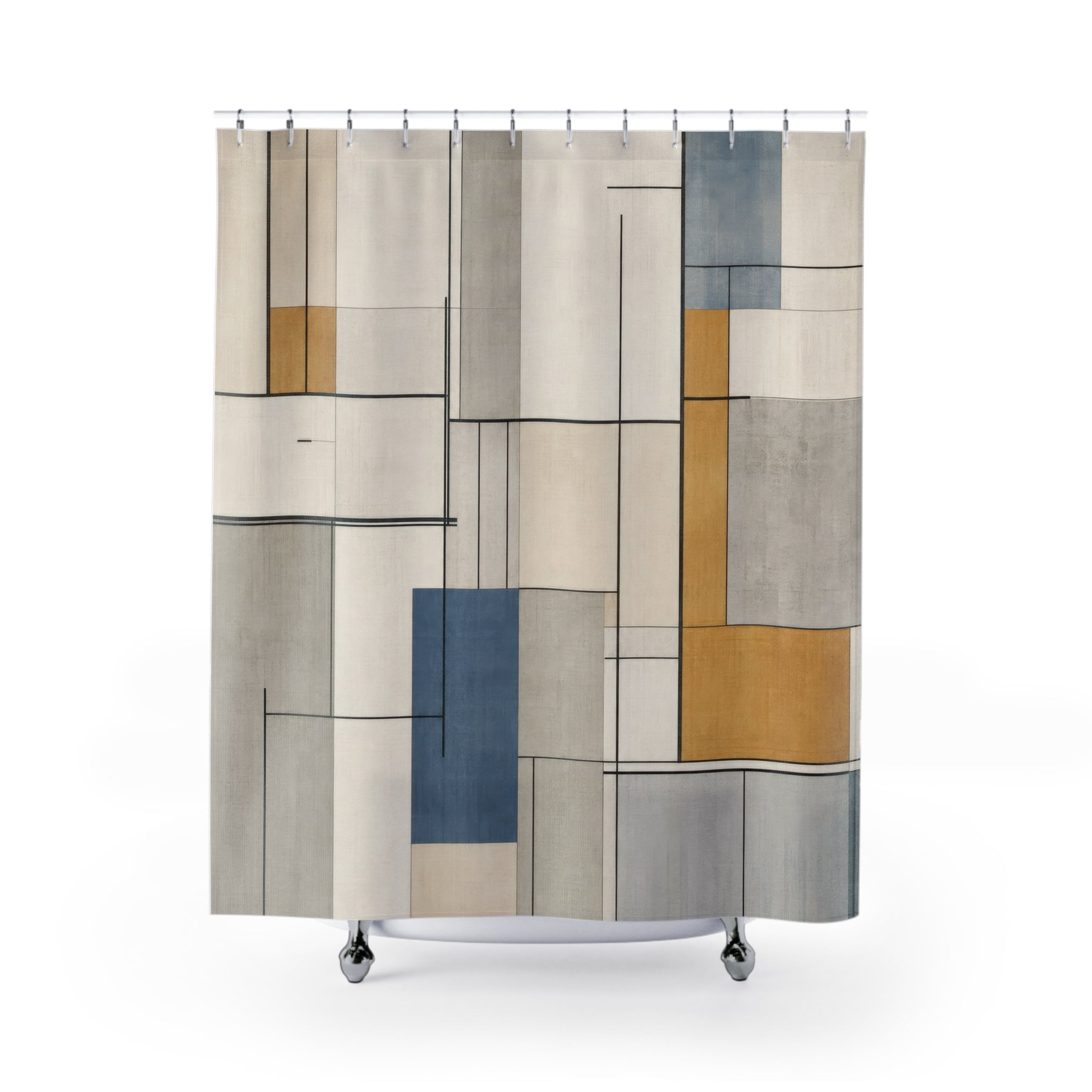 Geometric Shower Curtain, Blue Beige Gray Grid Line Art, Modern Abstract Bath Decor, Architectural Minimalist Bathroom Style, Guest Bath
