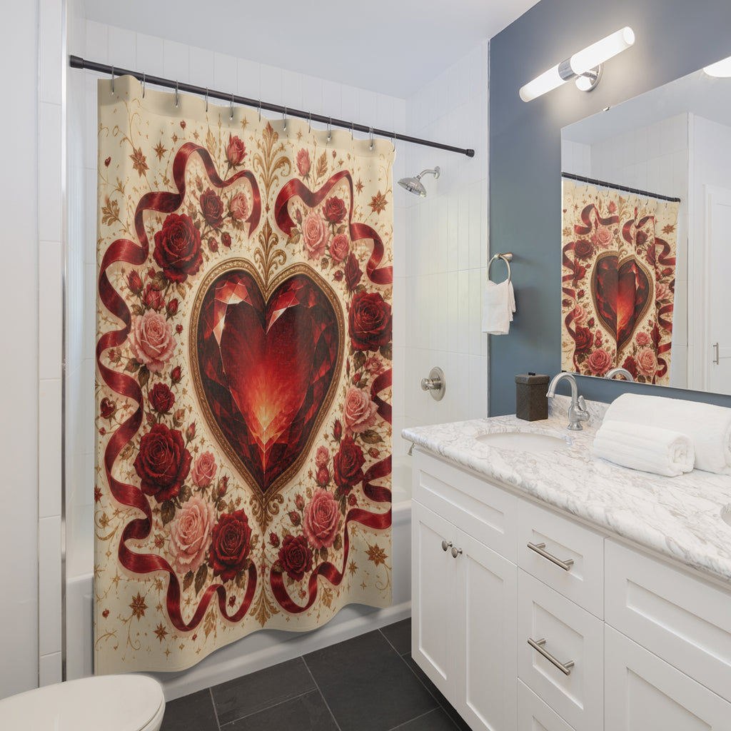 Ruby heart medallion framed by red and blush roses shower curtain beside a white vanity