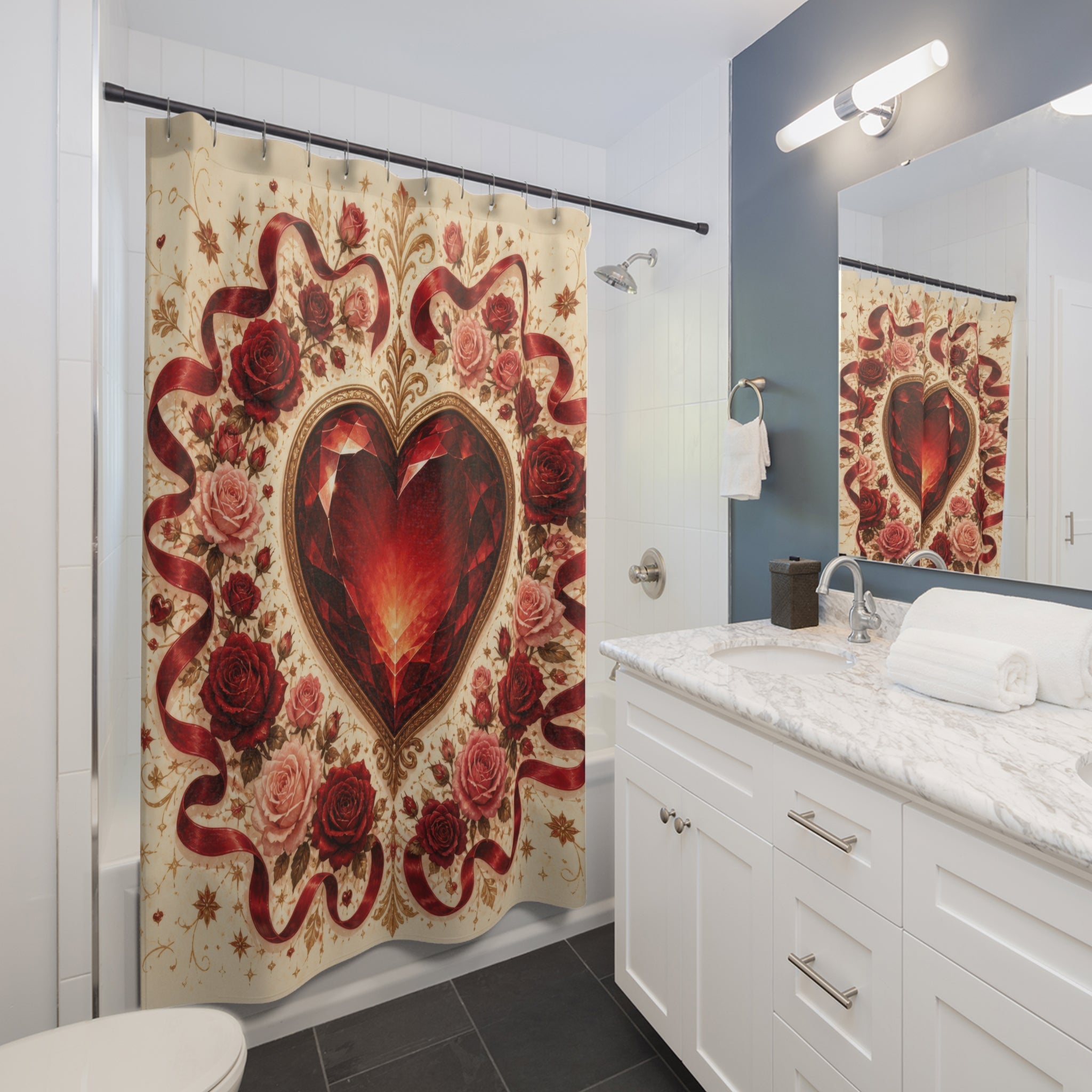 Ruby heart medallion framed by red and blush roses shower curtain beside a white vanity