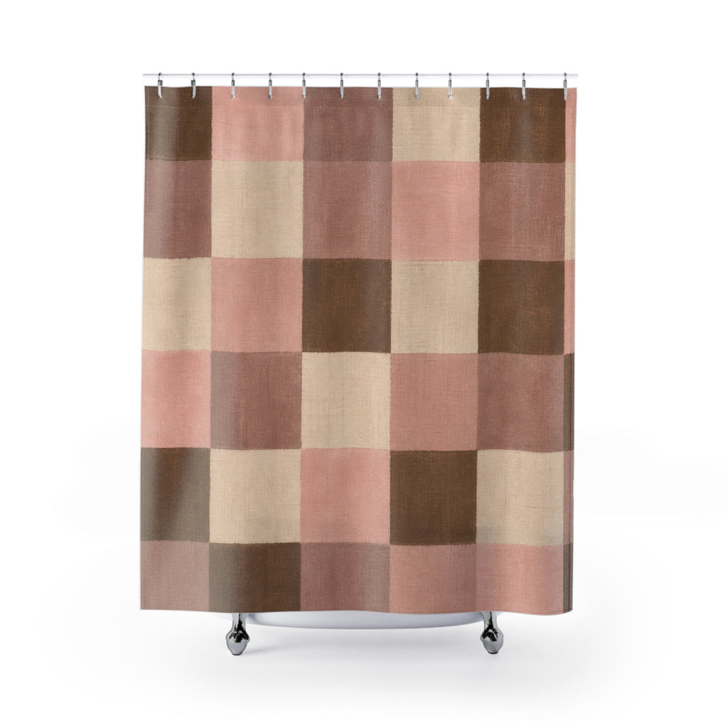 Plaid Shower Curtain, Pink Brown Farmhouse Bath Decor, Blush Cream Checkered Pattern, Soft Blush Neutral Guest Bathroom Decor Style