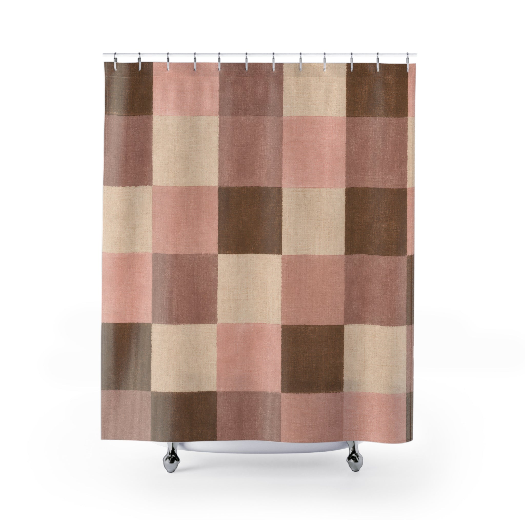 Plaid Shower Curtain, Pink Brown Farmhouse Bath Decor, Blush Cream Checkered Pattern, Soft Blush Neutral Guest Bathroom Decor Style