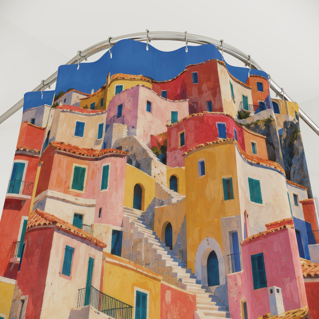 Coral and yellow hillside houses above a blue harbor shower curtain with close-up print, hooks, and folds