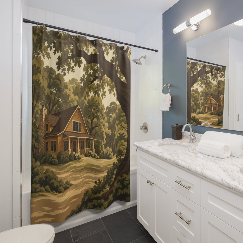 Ochre cabin under an olive oak canopy shower curtain beside a white vanity