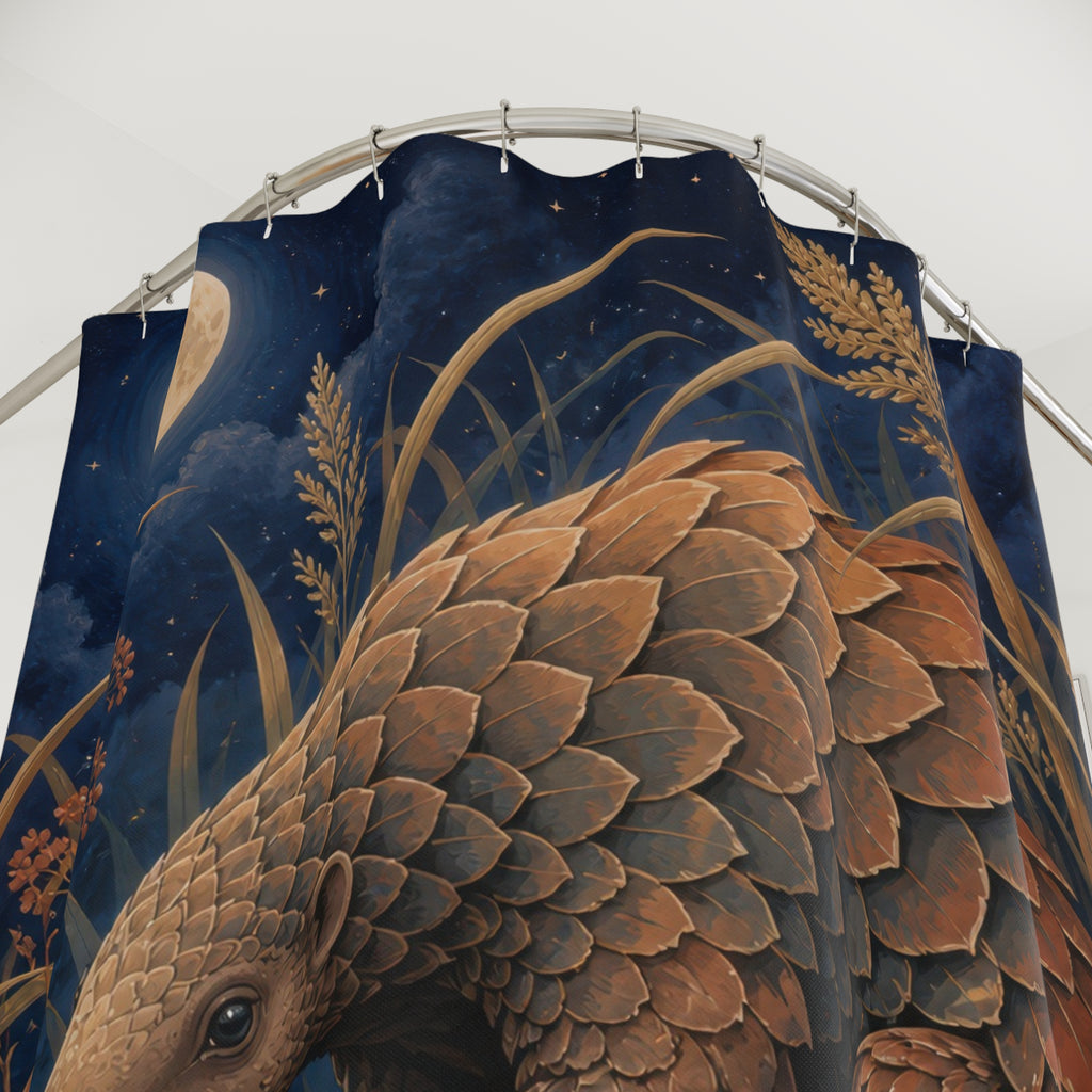 Pangolin animal curled among indigo moonlit grasses shower curtain with close-up print, hooks, and folds