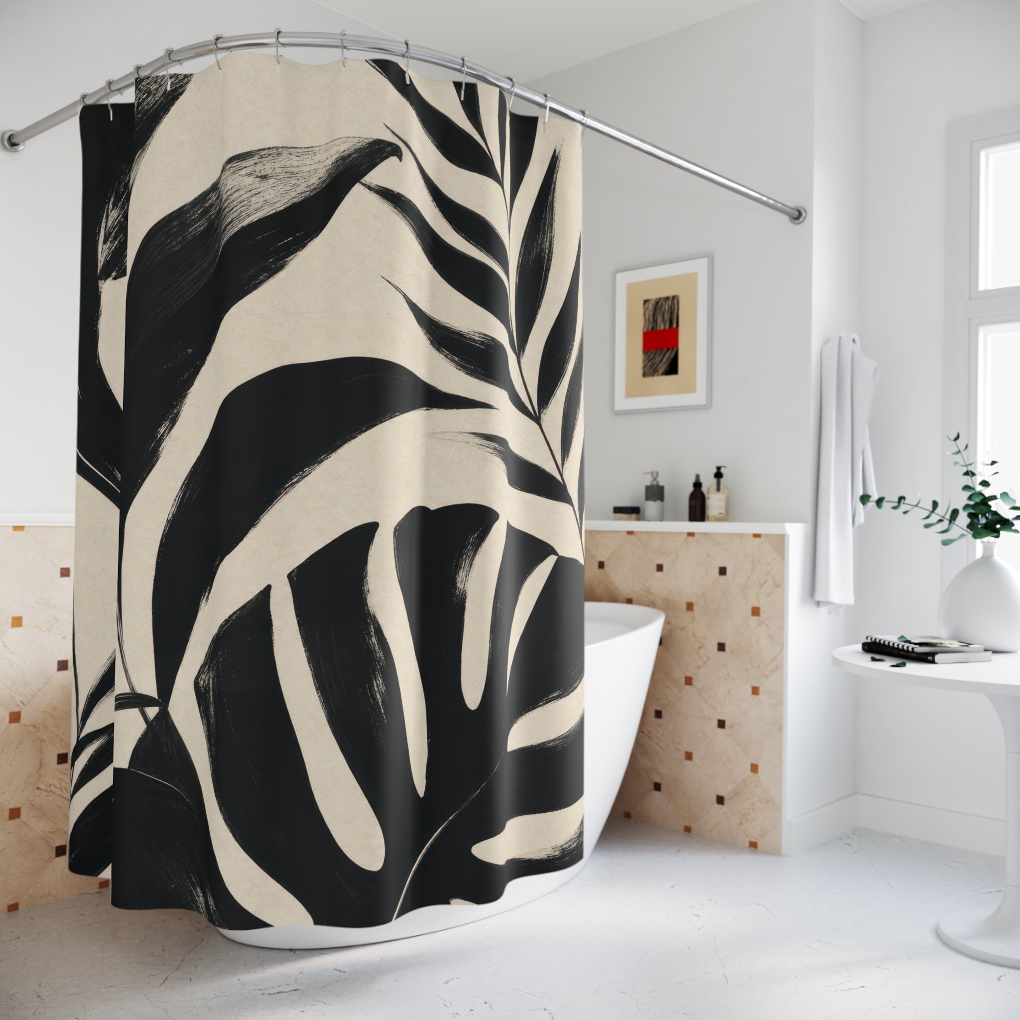 Black Cream Leaf Shower Curtain