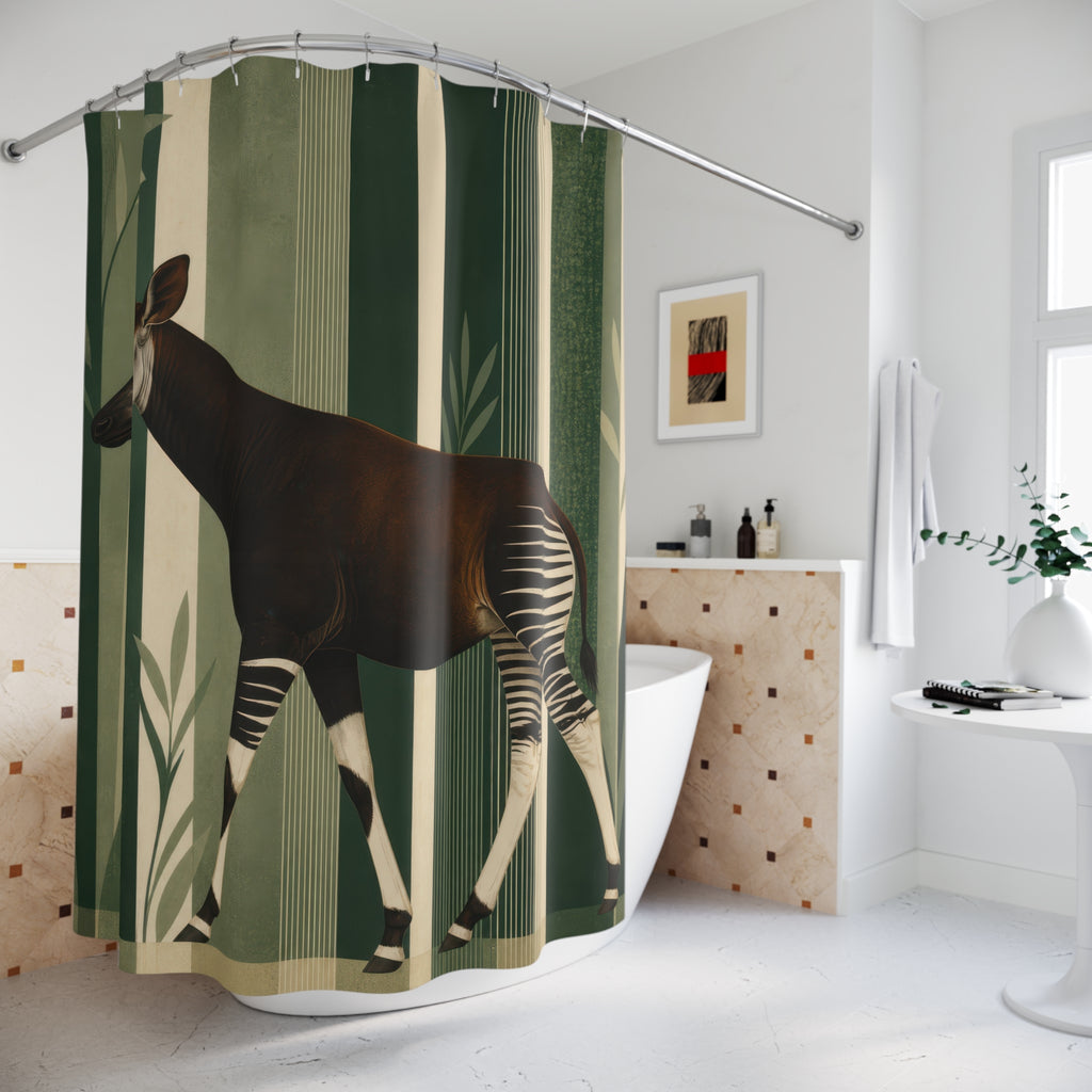 Okapi animal crossing a forest green vertical grove shower curtain beside a freestanding tub