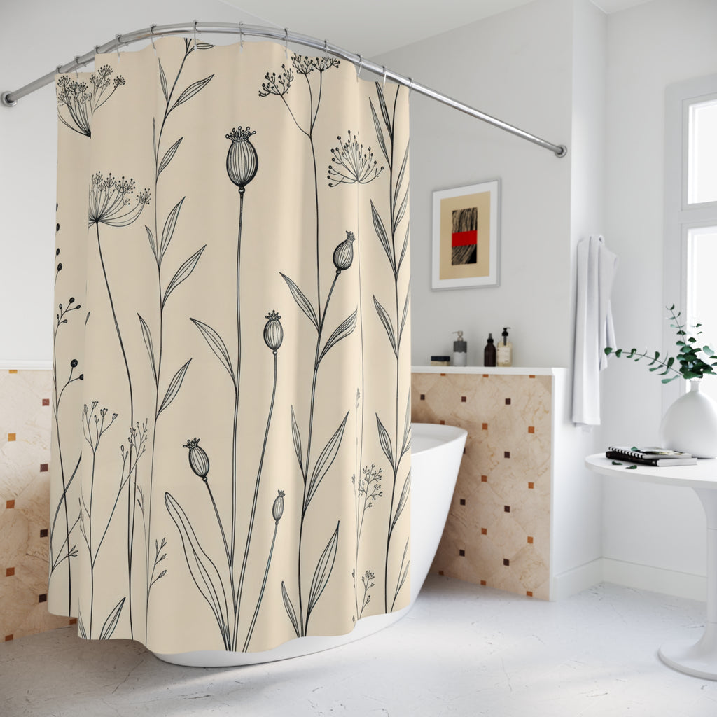 Black Cream Wildflower Stem Shower Curtain