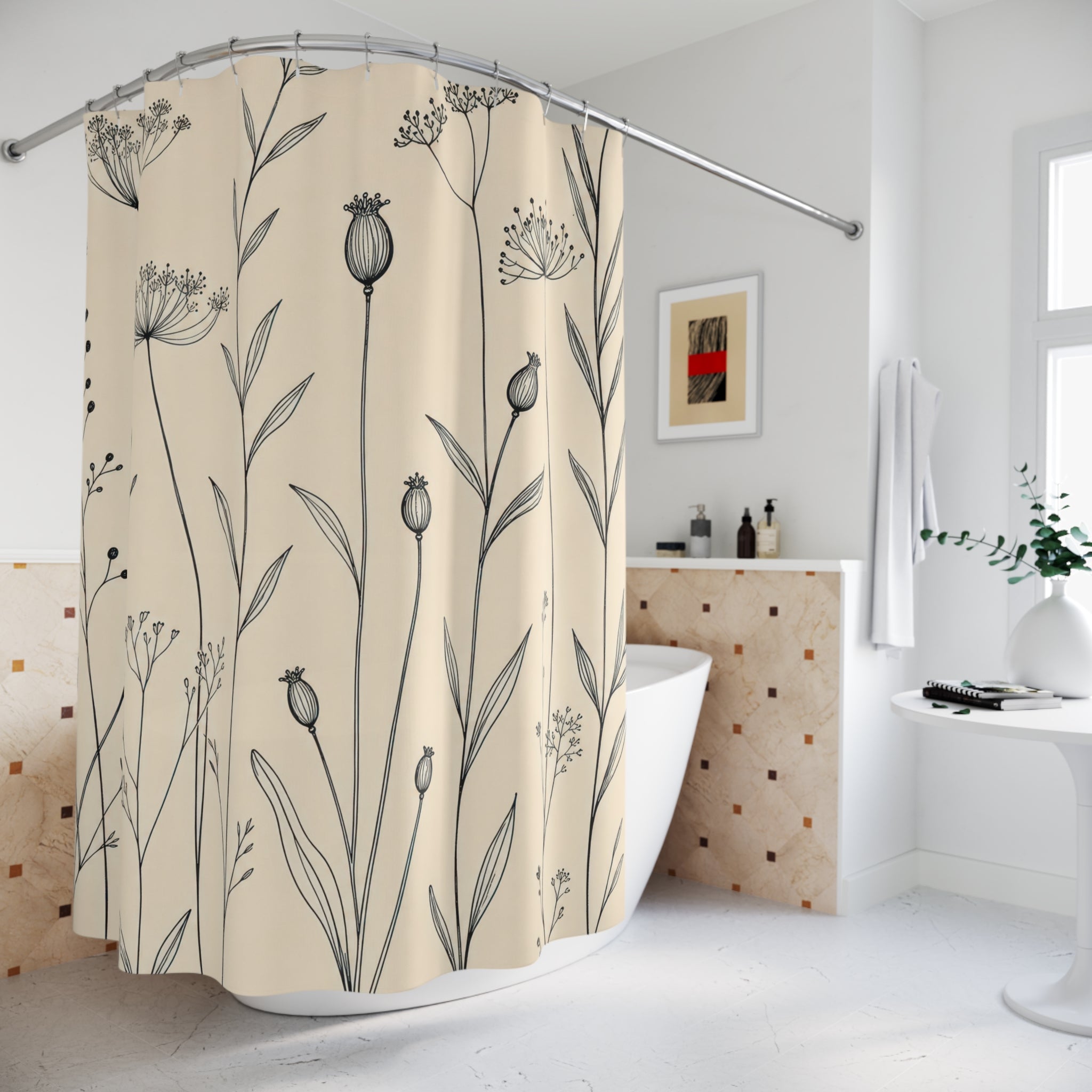 Black Cream Wildflower Stem Shower Curtain