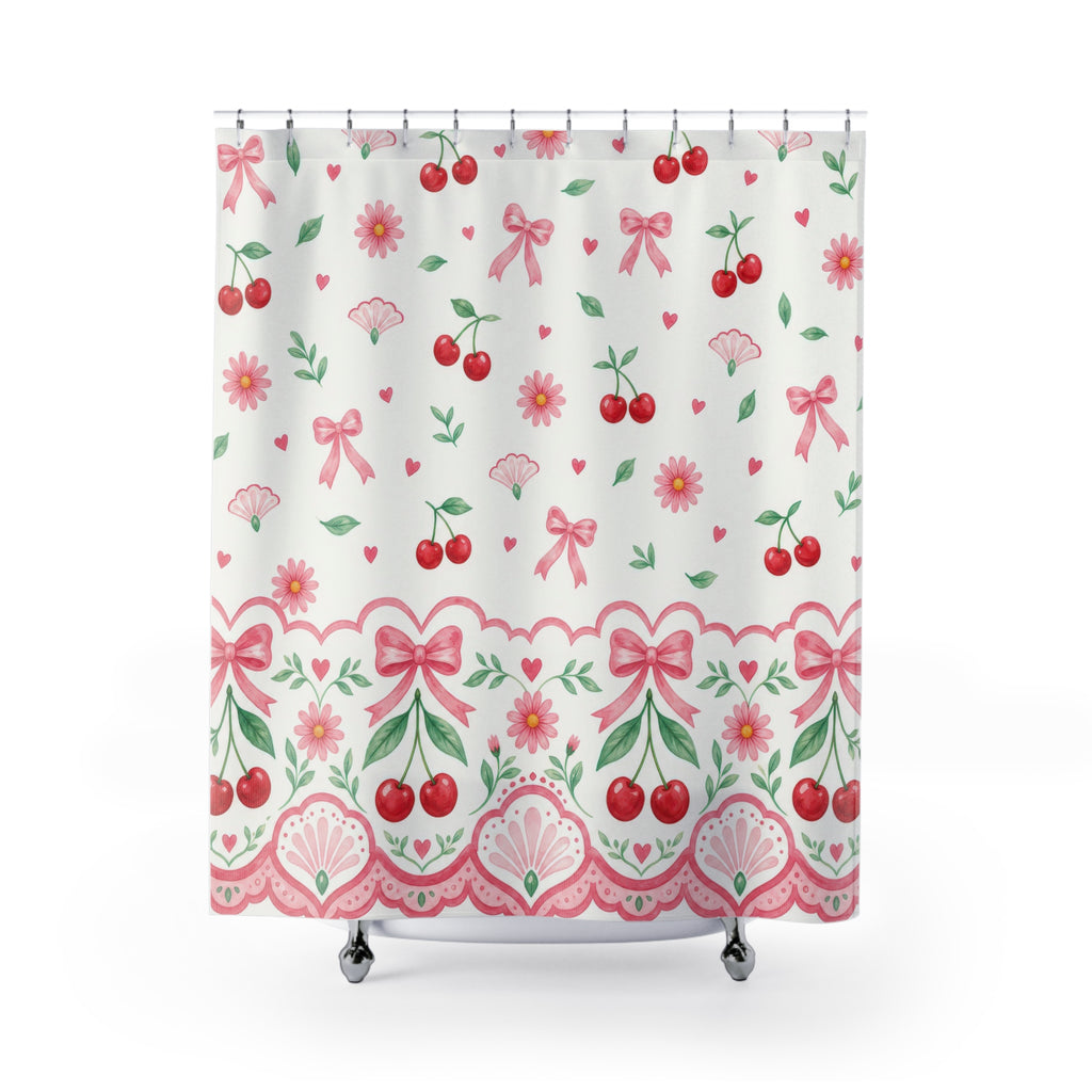 Girly Shower Curtain, Pink Bow Cherry Daisy Pattern