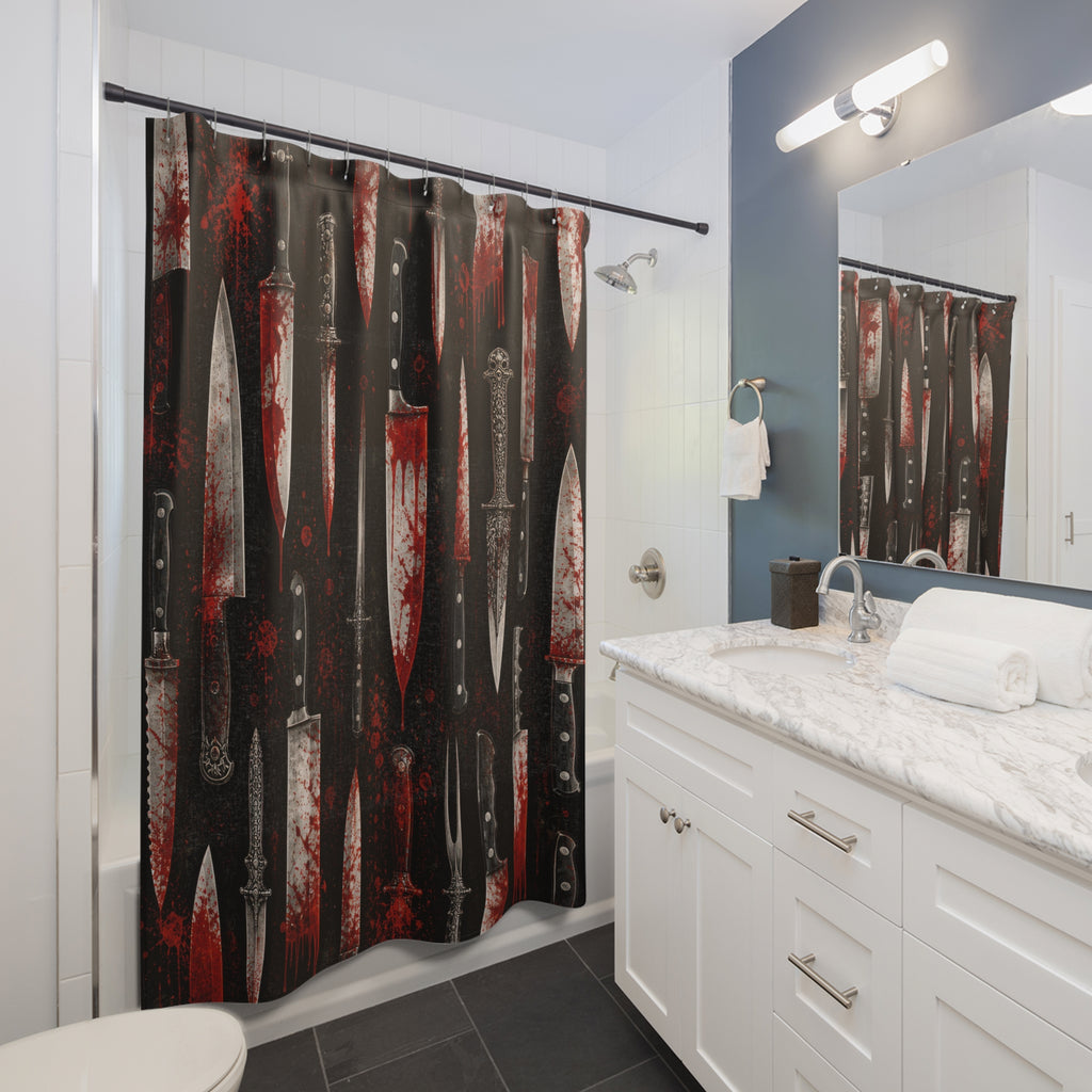 Unique Horror Shower Curtain, Knife Pattern Gothic Art, Black Red Blade Decor, Dark Bathroom Accent For Spooky Guest Bath, Halloween Style