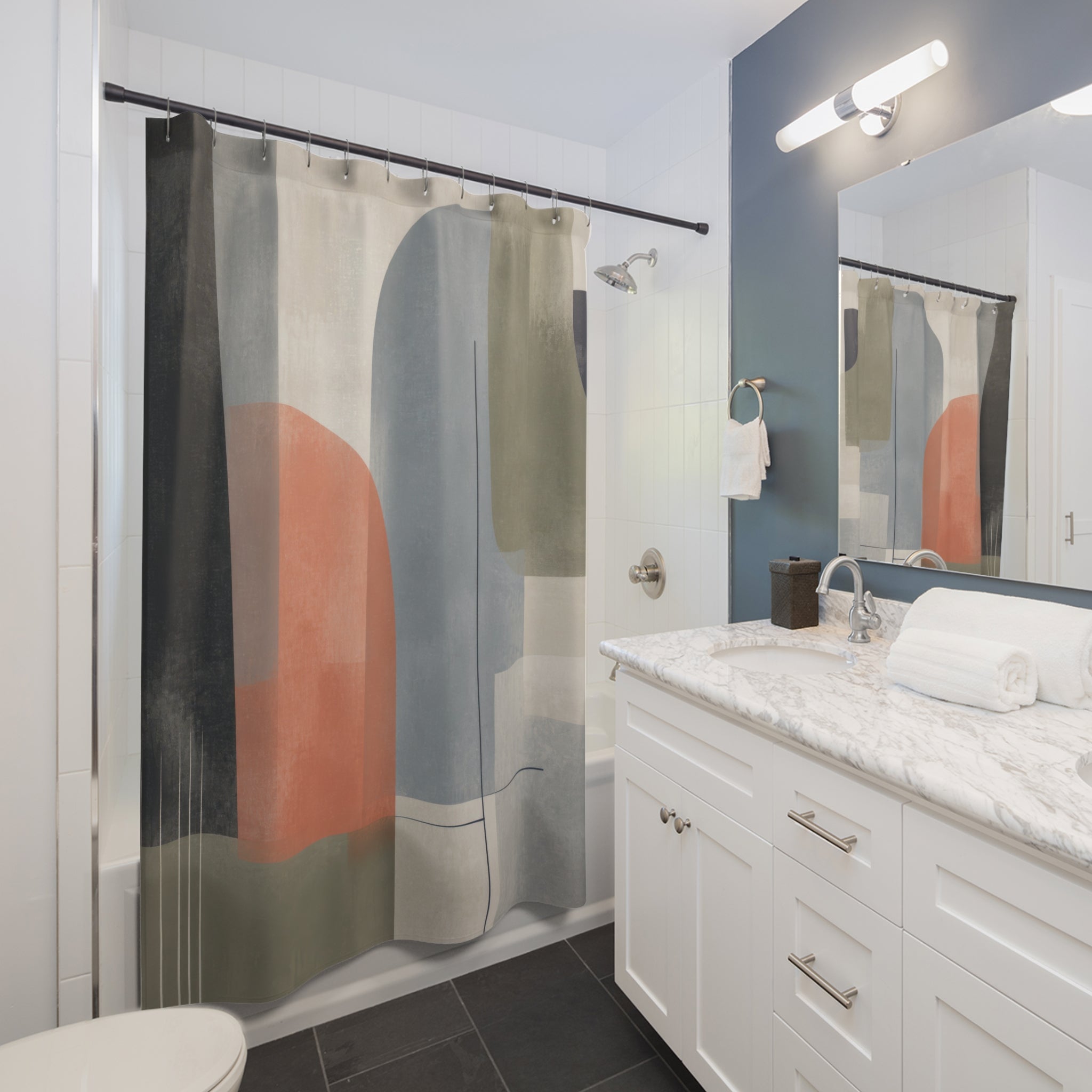 Modern Geometric Shower Curtain, Blue Sage Coral Abstract Blocks, Mid Century Arch Art, Soft Contemporary Bathroom Decor, Guest Bath Accent