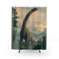 Towering sauropod in a misty prehistoric valley shower curtain, full front view