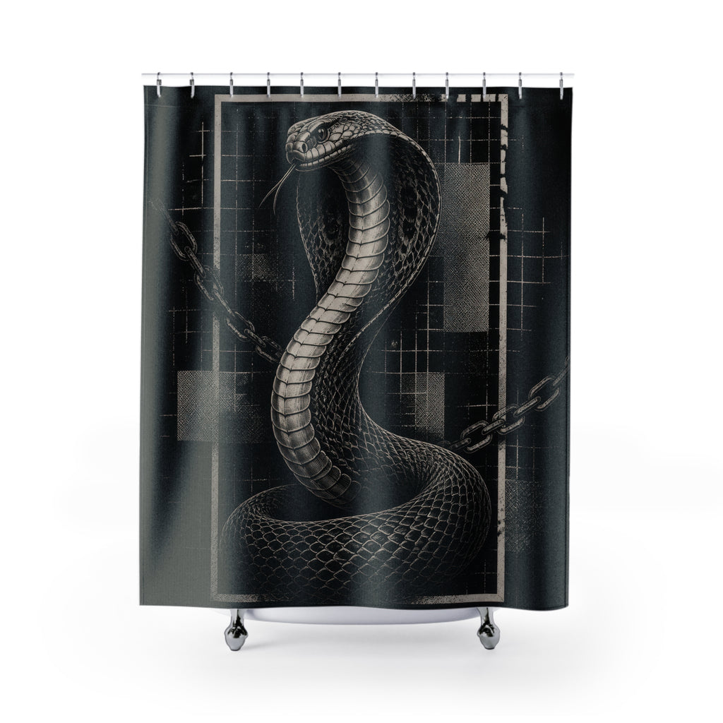 Black and grey cobra rising through chains and broken grid bars shower curtain with full front view