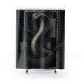 Black and grey cobra rising through chains and broken grid bars shower curtain with full front view