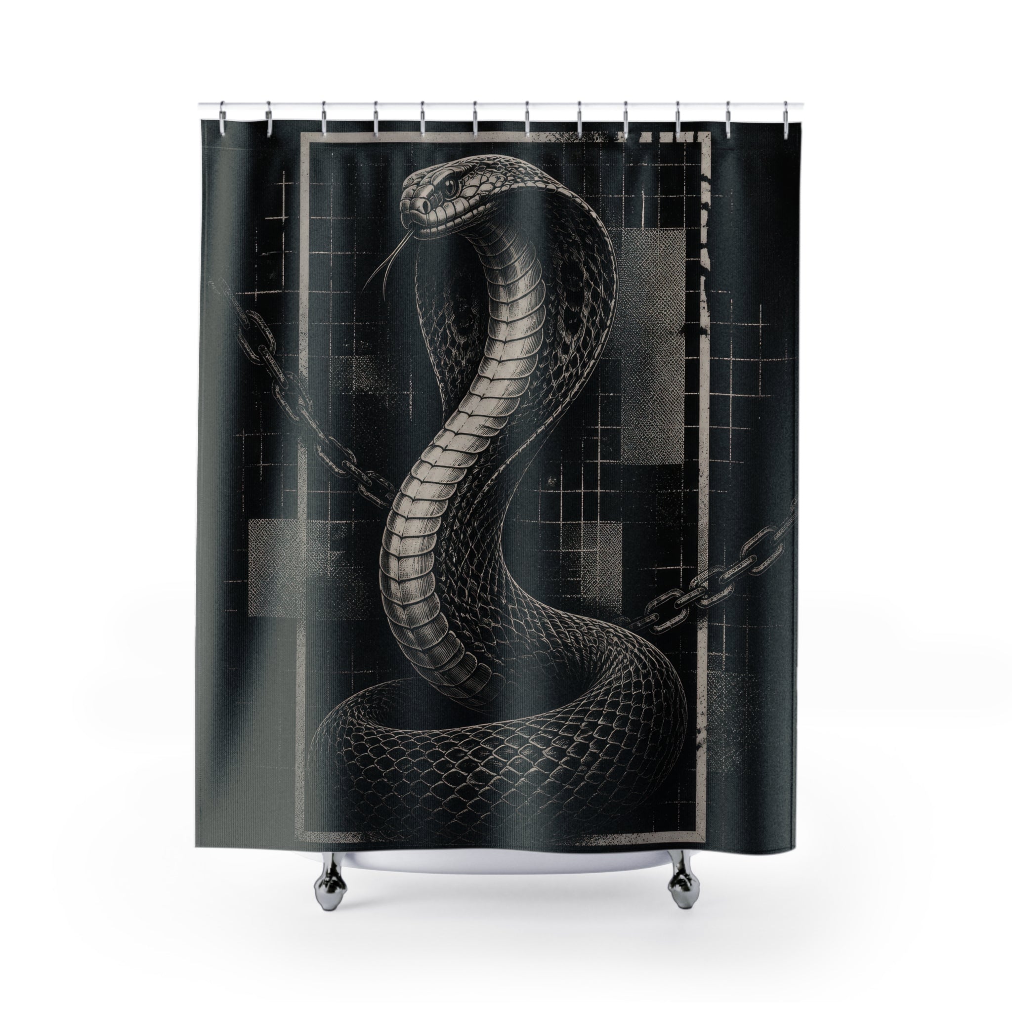 Black and grey cobra rising through chains and broken grid bars shower curtain with full front view