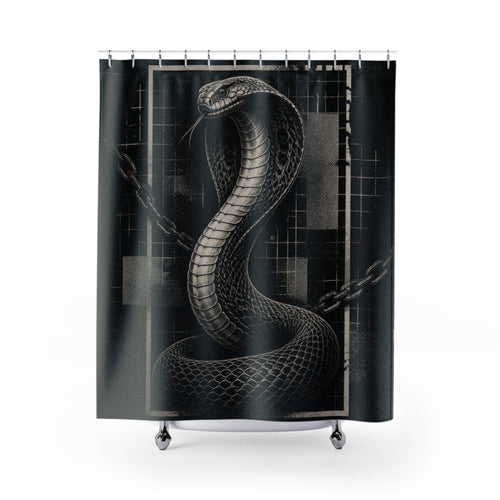 Black and grey cobra rising through chains and broken grid bars shower curtain with full front view